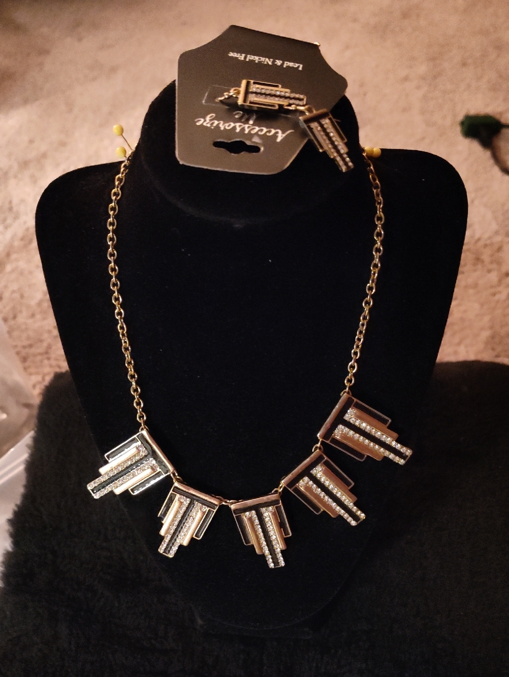 Accessorize Gold-Tone Geometric Crystal Fringe Necklace/Earrings